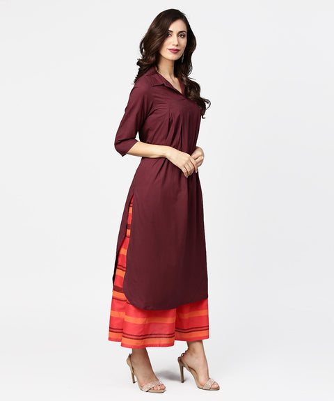 Coffee half sleeve cotton A-line kurta