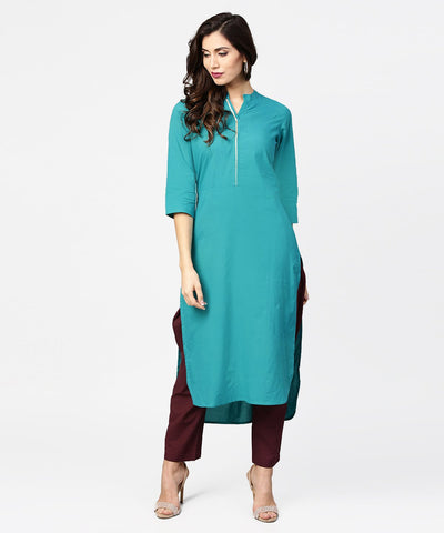 Teal blue 3/4th sleeve cotton kurta