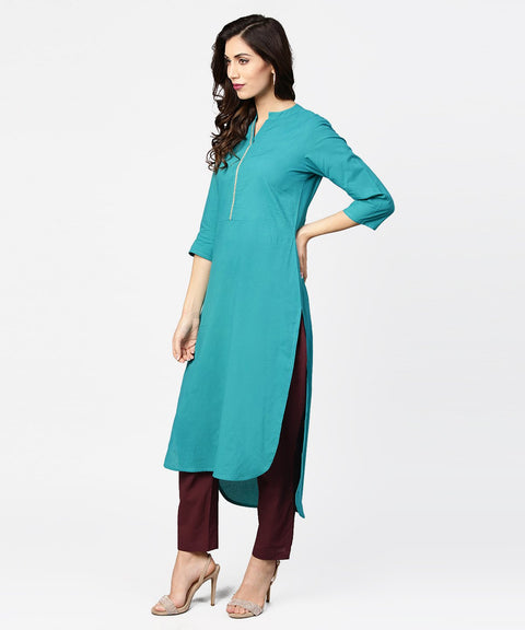 Teal blue 3/4th sleeve cotton kurta