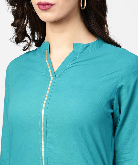 Teal blue 3/4th sleeve cotton kurta