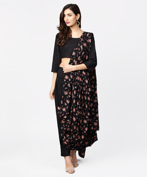 Black printed palazzo saree with 3/4th sleeve round neck blouse