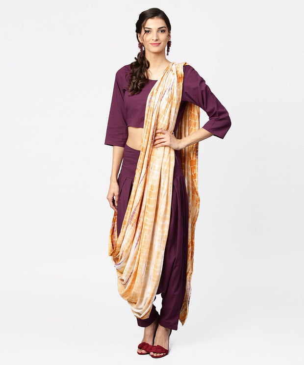 Pink printed palazzo saree with 3/4th sleeve round neck blouse