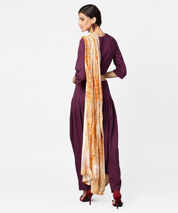 Pink printed palazzo saree with 3/4th sleeve round neck blouse
