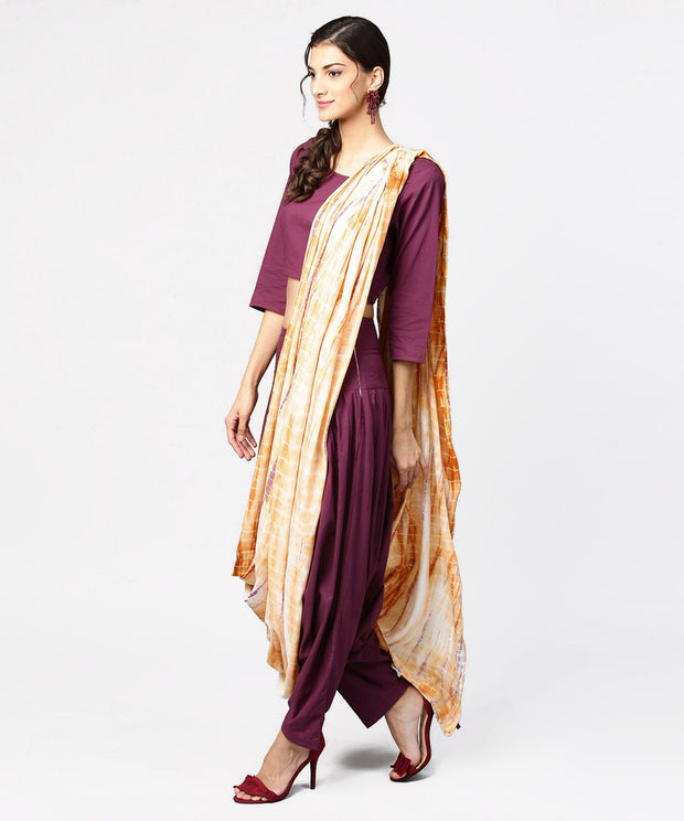 Pink printed palazzo saree with 3/4th sleeve round neck blouse