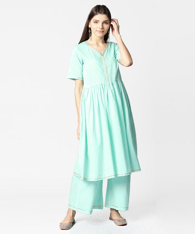 Sea green half sleeve cotton anarkali kurta with ankle length pallazo