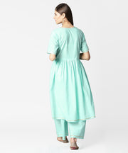 Sea green half sleeve cotton anarkali kurta with ankle length pallazo