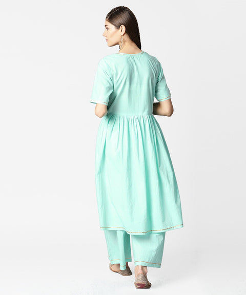 Sea green half sleeve cotton anarkali kurta with ankle length pallazo