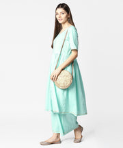 Sea green half sleeve cotton anarkali kurta with ankle length pallazo