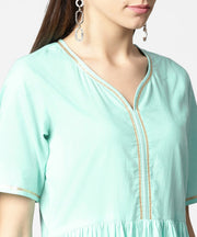 Sea green half sleeve cotton anarkali kurta with ankle length pallazo