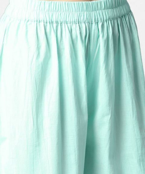 Sea green half sleeve cotton anarkali kurta with ankle length pallazo