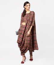 Green & Pink printed palazzo saree & 3/4th sleeve round neck blouse