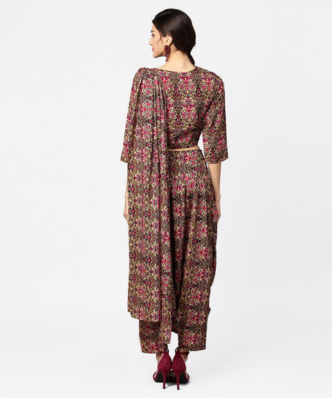 Green & Pink printed palazzo saree & 3/4th sleeve round neck blouse