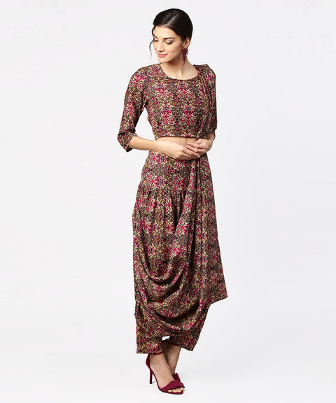 Green & Pink printed palazzo saree & 3/4th sleeve round neck blouse