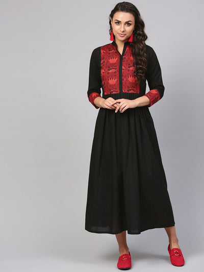 Solid Black Maxi Dress with printed Front Yoke & Madarin Collar