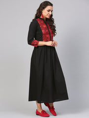 Solid Black Maxi Dress with printed Front Yoke & Madarin Collar
