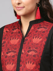 Solid Black Maxi Dress with printed Front Yoke & Madarin Collar