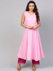 Solid pink half sleeve double kurta with ankle length palazzo