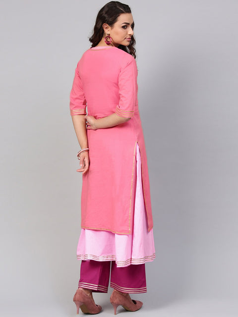 Solid pink half sleeve double kurta with ankle length palazzo