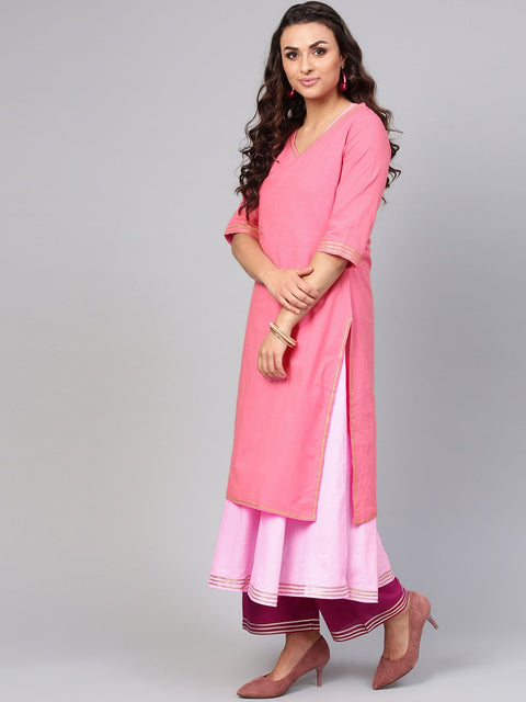 Solid pink half sleeve double kurta with ankle length palazzo