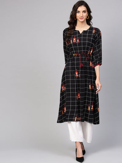 Black check printed kurta with multi colored human figure motifs