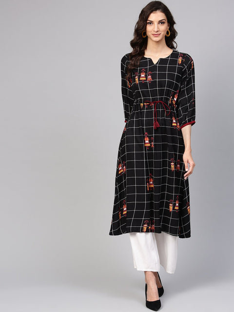 Black check printed kurta with multi colored human figure motifs