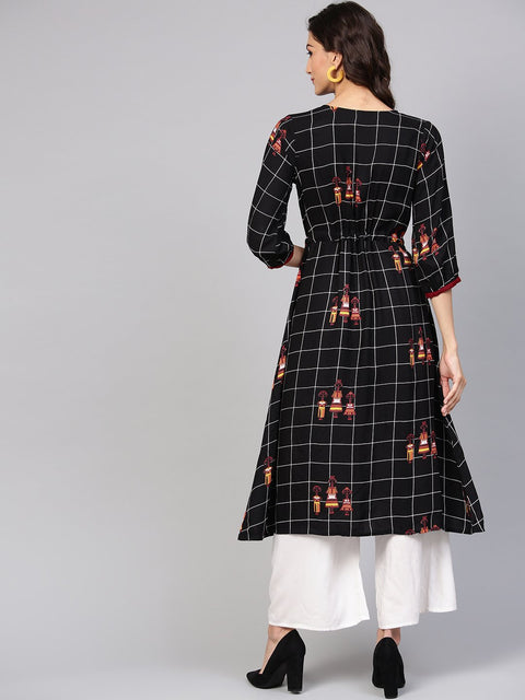 Black check printed kurta with multi colored human figure motifs
