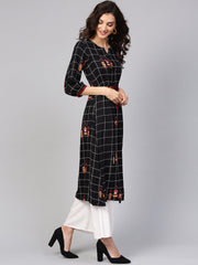 Black check printed kurta with multi colored human figure motifs