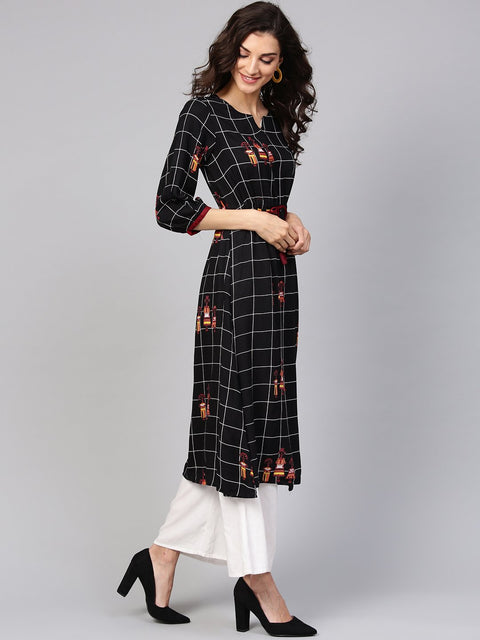Black check printed kurta with multi colored human figure motifs