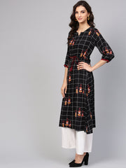 Black check printed kurta with multi colored human figure motifs