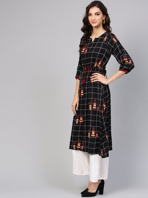 Black check printed kurta with multi colored human figure motifs