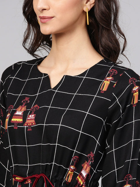 Black check printed kurta with multi colored human figure motifs