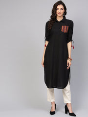 Solid black kurta with shirt collar, Zig-Zag printed patch pocket and dori detailing on the sleeve