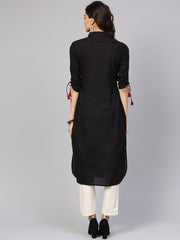 Solid black kurta with shirt collar, Zig-Zag printed patch pocket and dori detailing on the sleeve