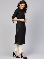 Solid black kurta with shirt collar, Zig-Zag printed patch pocket and dori detailing on the sleeve