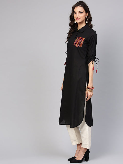 Solid black kurta with shirt collar, Zig-Zag printed patch pocket and dori detailing on the sleeve
