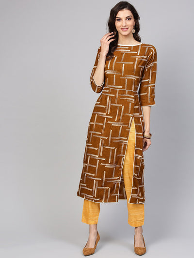 Dark Brown Printed Kurta Set with Contrasting Yellow Pants