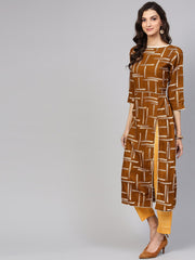 Dark Brown Printed Kurta Set with Contrasting Yellow Pants