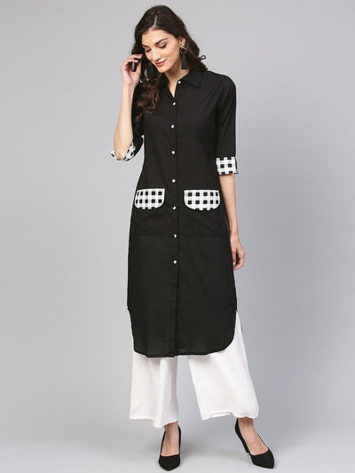 Solid black Kurta with printed Detailed sleeves & Shirt collars