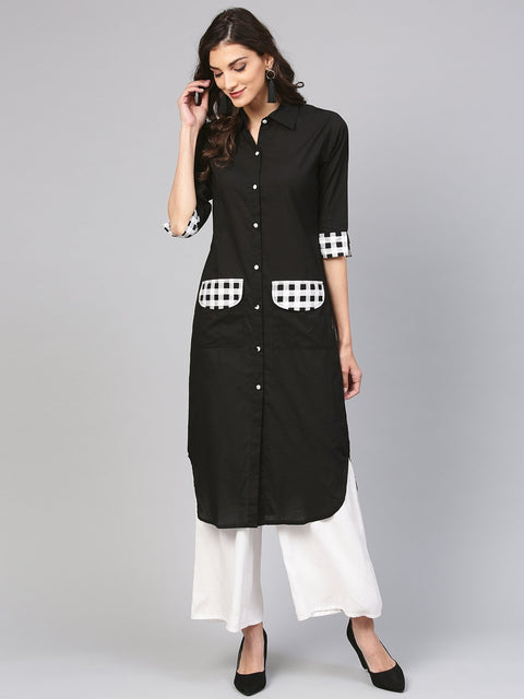 Solid black Kurta with printed Detailed sleeves & Shirt collars