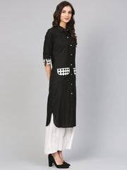 Solid black Kurta with printed Detailed sleeves & Shirt collars