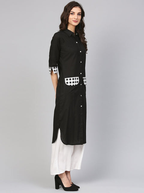Solid black Kurta with printed Detailed sleeves & Shirt collars