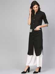 Solid black Kurta with printed Detailed sleeves & Shirt collars
