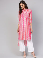 Leaf Printed pink 3/4th sleeve Kurta set with White Palazo