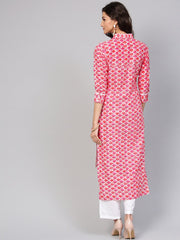 Leaf Printed pink 3/4th sleeve Kurta set with White Palazo