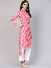 Leaf Printed pink 3/4th sleeve Kurta set with White Palazo