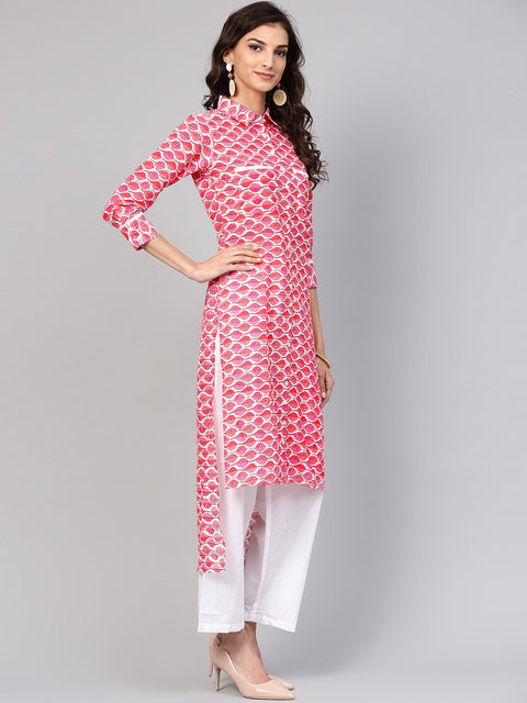 Leaf Printed pink 3/4th sleeve Kurta set with White Palazo