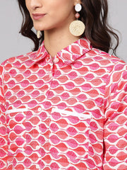 Leaf Printed pink 3/4th sleeve Kurta set with White Palazo