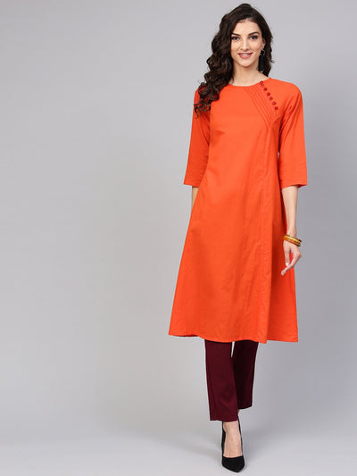 Solid Orange Kurta with Side Placket & 3/4th sleeve