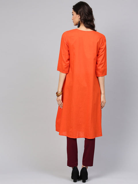 Solid Orange Kurta with Side Placket & 3/4th sleeve