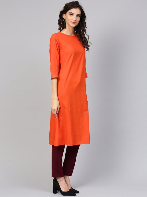 Solid Orange Kurta with Side Placket & 3/4th sleeve